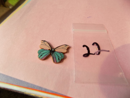 Wood butterfly button #22 pink and blue