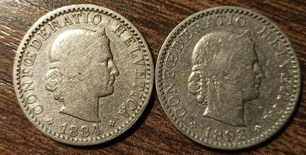 1884 & 1893 Switzerland 20 Rappens Full bold dates!