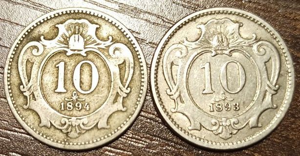 1893 & 1894 Austrian Old Coins Full bold dates!