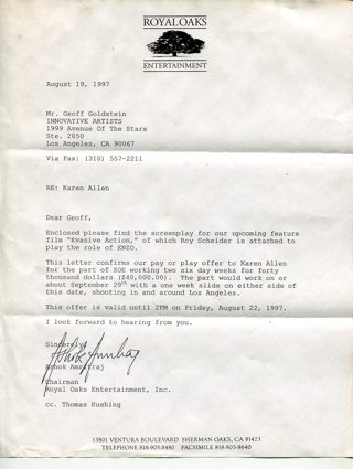 1997 Letter to Geoff Goldstein & Karen Allen (actress) Original