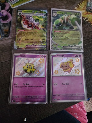 Set of 4 pokemon holo cards (Shiny Fittle, Shiny Fidough, Forrestress ex, Spidops ex)