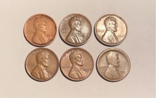 6 Different Date Wheat Pennies 