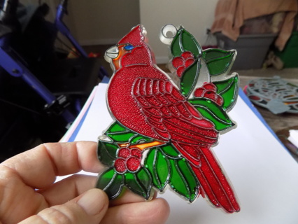 5 inch red cardinal, berries, and leaves plastic suncatcher