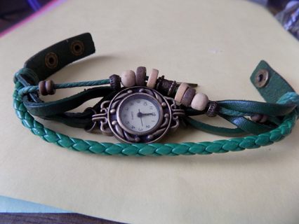 Quartz watch green woven leather bracelet band, 2 in feather charm