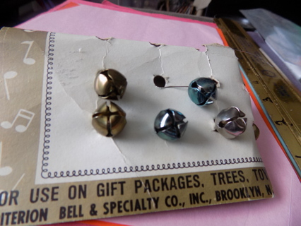 Vintage set of 6 jingle bells blue, silver and gold still attached to card