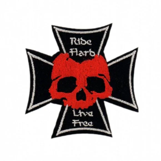 IRON On Patch " Ride Hard , Live Free" Iron Cross Skull Patch Red Skull Biker motoclub FREE SHIPPING
