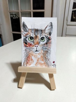 ACEO Original Watercolor Painting 2-1/2"X 3/1/2 Calico Cat got a dish of food by Artist Marykay Bond