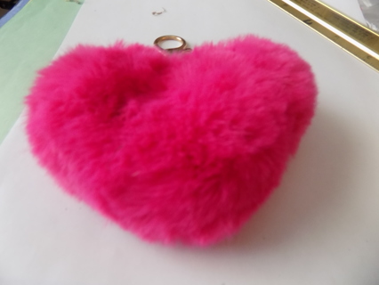 Pink Fuzzy heart shape keychain goldtone keyring attached 4 inch