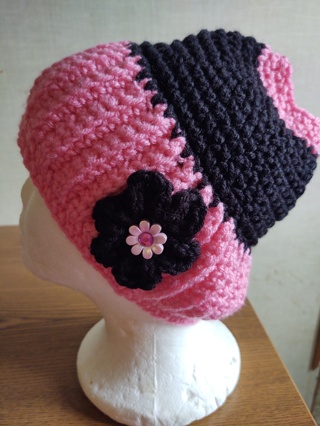 Crocheted Pink and Black Messy Bun Hat