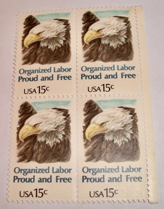 Scott #1831, Organized Labor, Pane of 4 Useable 15¢ US Postage Stamps Has Original Gum.