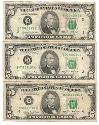  3 Small Portrait $5 Dollar Bills! Series 1985 39 Years Old! NICE! P2