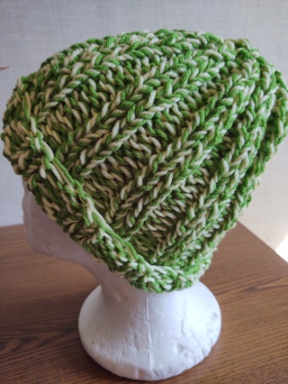 Hand Knit Green and Pale Yellow Hat 