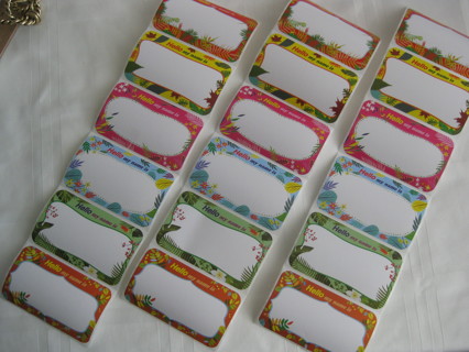 Hello My Name is... sticker tags, colorful floral design. Unique name tag, lot of 18 tags. New.    