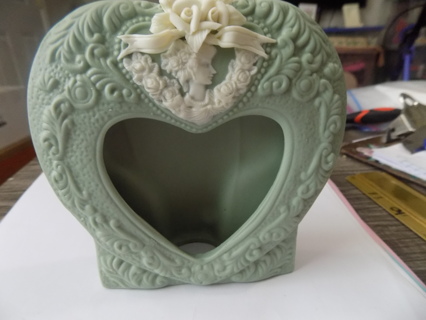 5 inch Vintage ceramic heart shape mint green photo frame, Cameo Lady at top