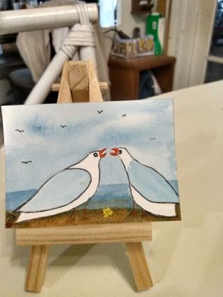 Original Watercolor Painting 2-1/2"X 3/1/2" Two Seagulls fussing over popcorn by Artist Marykay Bond