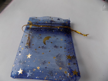 Blue organdy drawstring bag with gold moon and stars 3 x 2