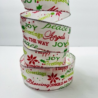 Christmas Words White 2” Wire Edge Ribbon 