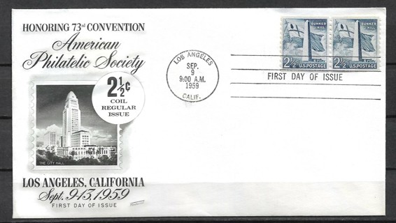 1959 Sc1056 2½¢ Bunker Hill coil pair FDC