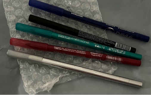 New: Five "DAVIS”, 5” Eye and/or Lip Liner Pencils. Smooth, Waterproof. Blk, Blu, Grn, Red & Slvr