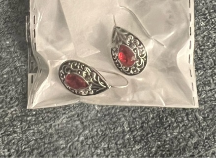 Brand New: Pear-Shaped Carved Faux Ruby Fashion Dangle Hook Earrings