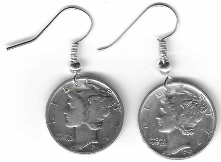 1941 Mercury Dime Earrings U.S. Ten Cent Coin 90% Silver