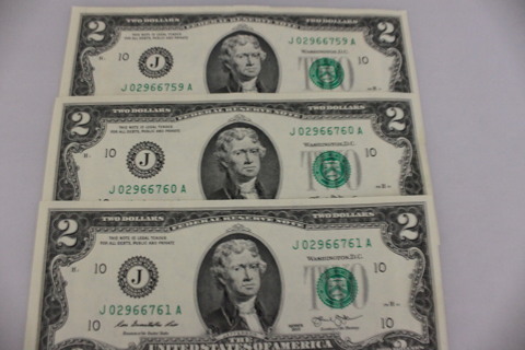 3 "CIRCULATED" $2 BILLS IN SEQUENCE