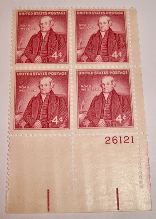 Scott #1121, Noah Webster, Pane of 4 Useable 4¢ US Postage Stamps