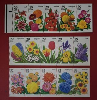 One Lot of Three Strips of Mint Flower US Postage Stamps