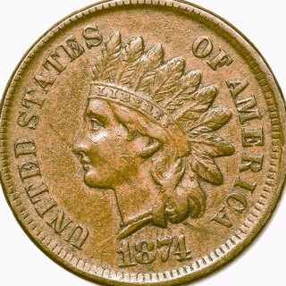 1874  Indian Head Cent, Superior Features, Circulated, Refundable, Ships Free