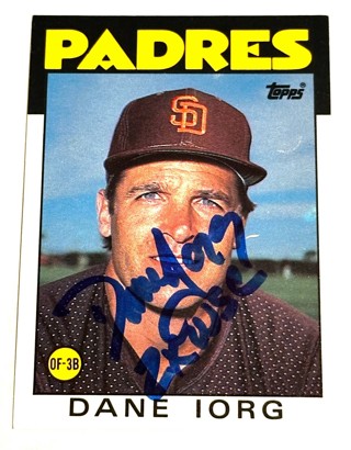 Autographed 1986 Topps Traded DANE IORG-Padres-2 X World Series Champion Inscription
