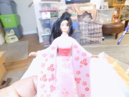 5 inch Barbie doll black hair and pink Japanese Kimono