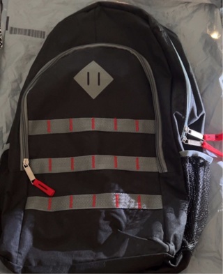 New: 20” Red/Gray/Black Backpack w/Padded Straps. Great Zip Pockets!Side & Inside Pockets, Too!!