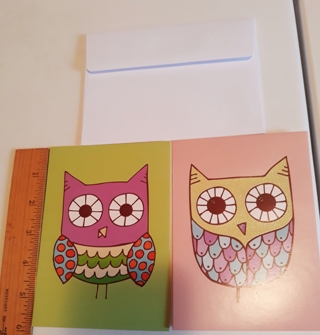 2 Owl Cards (green and pink) with Glitter (w/Envelopes)