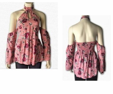 New Reign Cold Shoulder Pink Floral Blouse Tunic, Size M