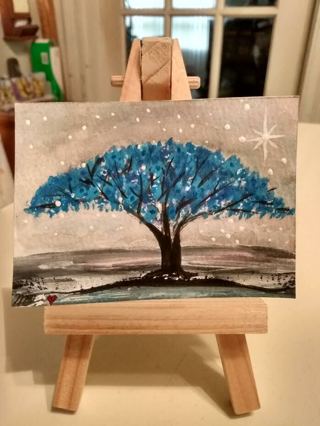 Original Watercolor Painting 2-1/2X 3/1/2" The Blue Tree & Sirius Star System by Artist Marykay Bond