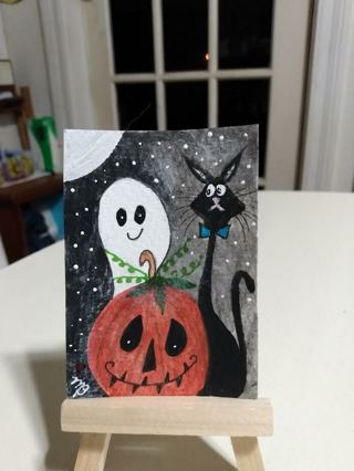 ACEO Original, Watercolor Painting 2-1/2"X 3/1/2" Ghost, Pumpkin, & Cat by Artist Marykay Bond