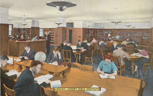 Vintage Used Postcard: g: 1940 Library, Moody Bible Institute, Chicago, IL