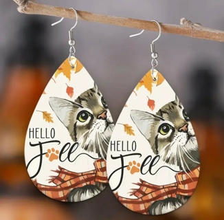 HELLO FALL CAT DOUBLE SIDED FAUX LEATHER EARRINGS STYLE 1