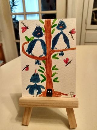 Original, Watercolor & Acrylic ACEO Painting 2-1/2"X 3/1/2" Whimsical Birds by Artist Marykay Bond
