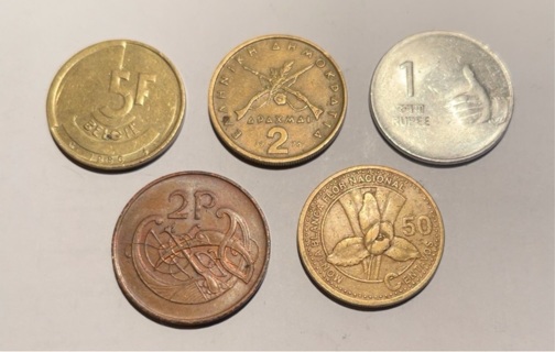 5 Different Quarter Sized Foreign Coins 