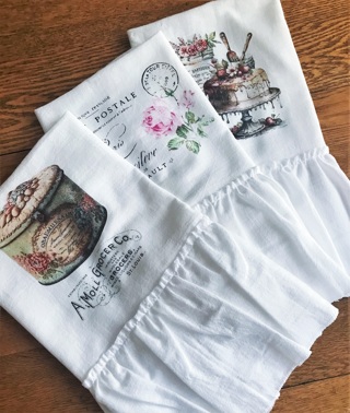 Set of 3 Ruffled Flour Sack Tea Towels Vintage Kitchen Grocery Deco Retro Cottage Bakery