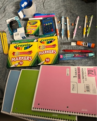 New School Offc Lot:Markers,Mcncl Pencils, Tape,Pens,Glue, Calculator,Notebooks, Sharpener, Erasers 