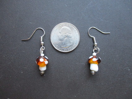 Brown and White Glass Mushrooms beaded Earrings