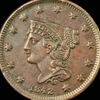1842  Large Cent, Circulated, Defined Highlights, Refundable, Genuine, Insured 