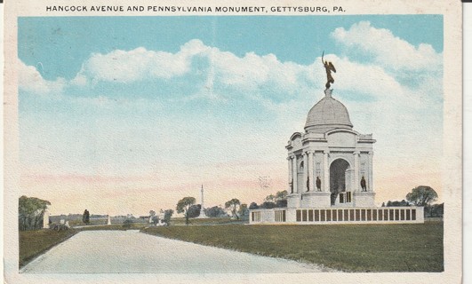 Vintage Used Postcard: (k): 1924 Hancock Ave & Pennsylvania Monument, Gettysburg, PA