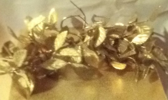 2 gold plastic leaf decor ,gold coated wire stem