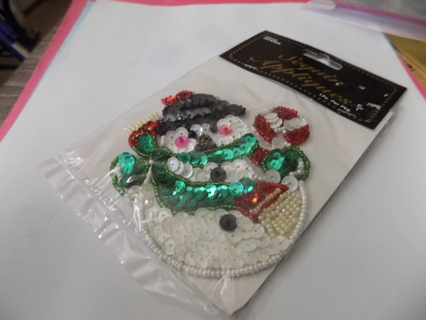 NIP Sequin covered applicque snowman with green scarf holds candy cane