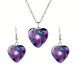 Beautiful Purple Heart Shaped Butterfly Necklace And Earring Set BNIP