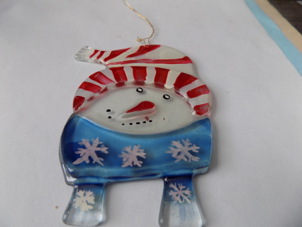 glass flat back snowman ornament in red and white stripe hat, blue scarf, snowflakes 4 inch