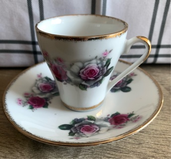 Rose Patterned Ceramic Espresso Size Tea Cup Set Cup & Saucer Preowned 